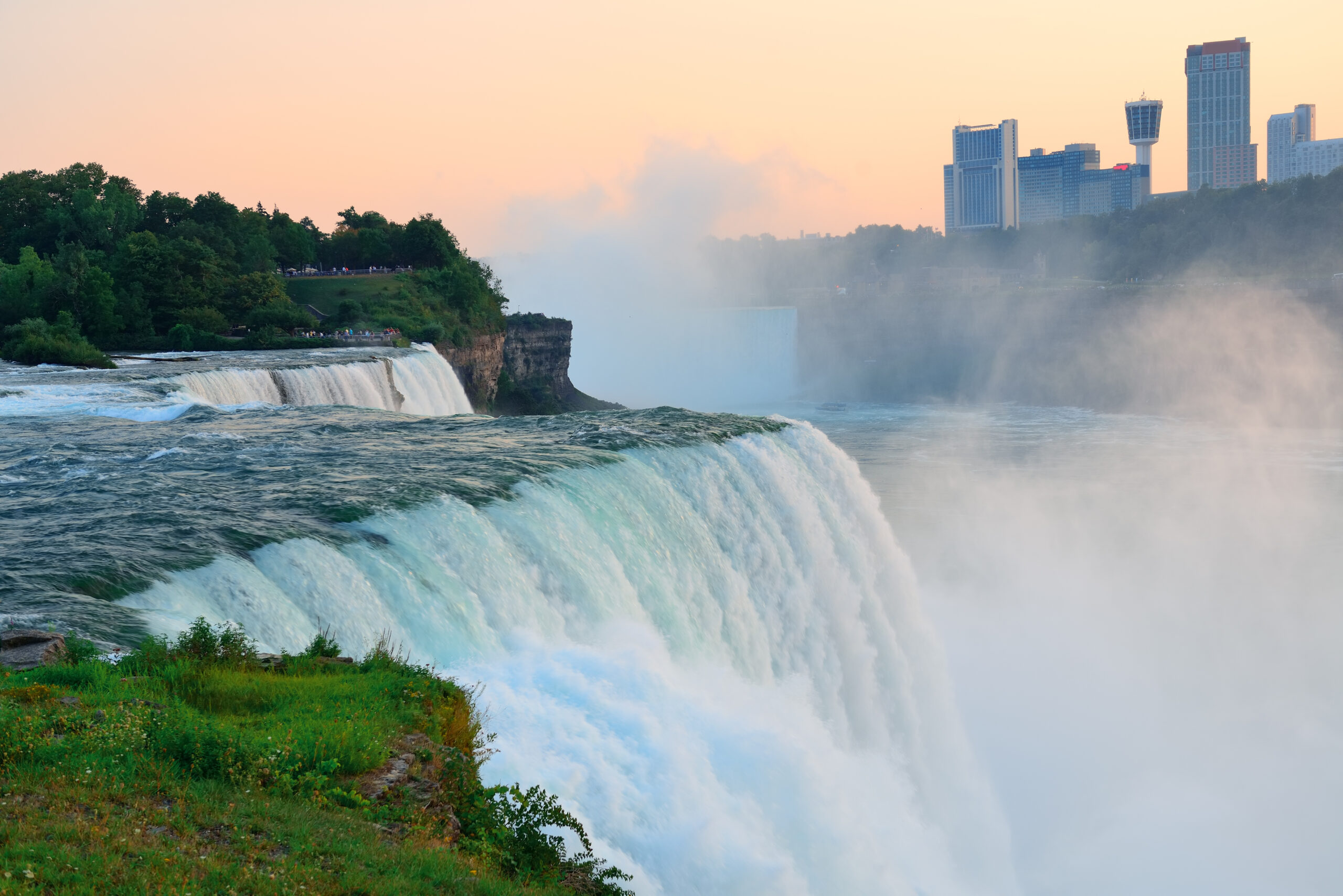 The American Falls from Niagara Falls closeup at dusk after sunset